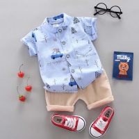 Summer Thin Baby Suit Cartoon Panda Car Short Sleeve Shirt Two-piece Suit  Blue
