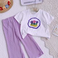Girls summer new baby three-dimensional flower short-sleeved T-shirt stylish solid color wide-leg pants suit  White