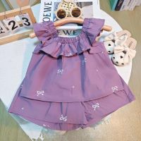 Nuevo conjunto de dos piezas para niñas de primavera y verano, bonito chaleco y pantalones cortos bordados con lazo  Púrpura