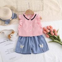 Summer Girls Striped Lotus Collar Flying Sleeve Button Shirt Butterfly Decoration Jeans Two-piece Set Girls Jeans Shorts Set  Pink
