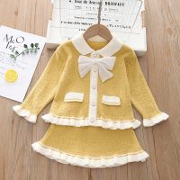 2-piece Toddler Girl Solid Color Lapel Ruffled Bowknot Decor Long Sleeve Cardigan & Matching Skirt  Light Yellow