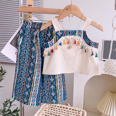 2024 new summer style girls' lace embroidered square collar doll shirt ethnic style two-piece suit
