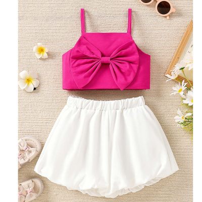 2-piece Toddler Girl Solid Color Bowknot Decor Cami Top & Matching Shorts