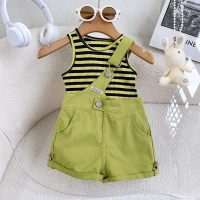 Girls suspender set 2024 summer new style short-sleeved vest little girl pants two-piece set  Army Green