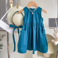 Toddler Girl Solid Color Side Pocket Sleeveless Dress  Sky Blue