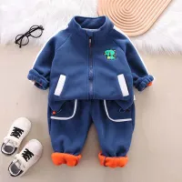 2-piece Toddler Boy Color-block Dinosaur Pattern Stand Up Collar Fleece-lined Jacket & Matching Pants  Deep Blue