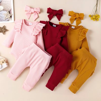 Mameluco y pantalones de manga con volantes de color sólido para bebé con diadema