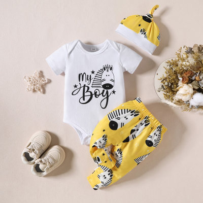 Baby boy summer casual suit letter + cartoon pattern romper short sleeve with cartoon print trousers and hat three-piece suit