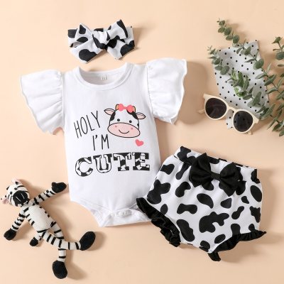 Baby Girl Eid al-Adha Milk Cow Pattern Body e pantaloncini e fascia per capelli