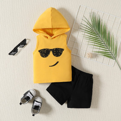 Baby boy summer suit solid color hooded sleeveless two-piece set