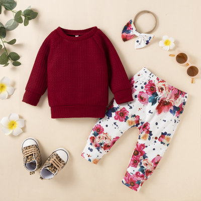 Ensemble 3 pièces pour bébé fille, pull de couleur unie, pantalon et bandeau à motif floral
