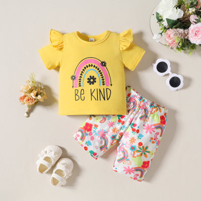 Costume d'été pour bébé fille, manches courtes avec lettres imprimées et short imprimé dessin animé