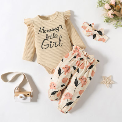 Bebé niña 3 piezas Body con estampado de letras de color sólido y pantalones florales y diadema