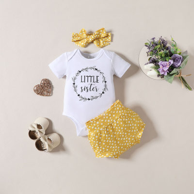 Summer baby girl letter print romper short sleeve with shorts and bow headband casual three-piece set