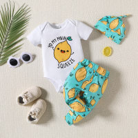 Baby boy summer suit cute lemon pattern + letter print romper short sleeve with cartoon pattern pants three-piece suit  Green