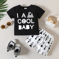 Baby boy summer suit letter printed short sleeves and printed shorts two piece set  Black