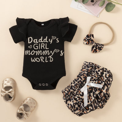 Baby Girl 3 Pieces Letter Patterns Bodysuits & Leopard Ruffle Shorts & Headband