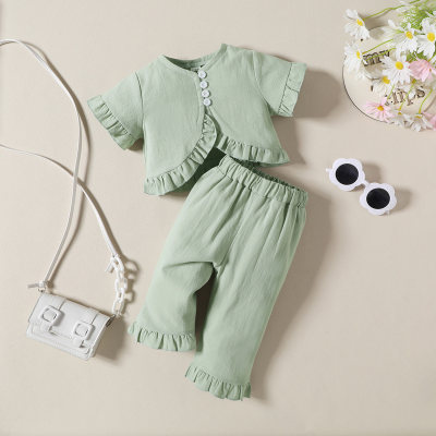 Bebê menina verão cor sólida manga curta com calças compridas terno de duas peças