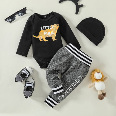 Baby Letter Animal Printed Romper & Stripes Pants & Hat