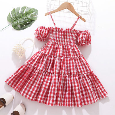 Toddler Girls Cotton Basic Plaid Puff Sleeve Top Dress