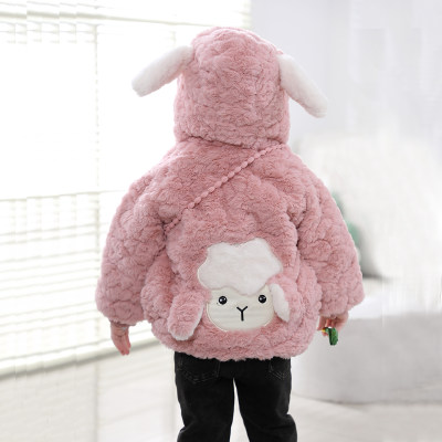 Bambin fille couleur unie style agneau à capuche veste en peluche doublée polaire et sac à bandoulière en forme de lapin
