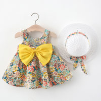 2-teiliges Cami-Kleid aus reiner Baumwolle für Kleinkinder und Mädchen mit Bowknot-Dekor und Bowknot-Dekor-Hut  Gelb