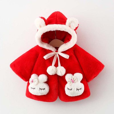 Toddler Girl 3D Rabbit Shaped Pocket Front Bowknot Tied Ear Design Hooded Fleece Cloak