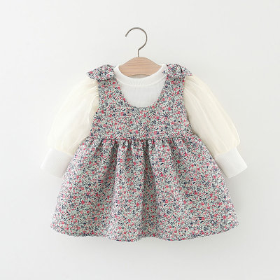 2-piece Toddler Girl 100% Cotton Solid Color Ribbed Top & Floral Bowknot Decor Sleeveless Dress
