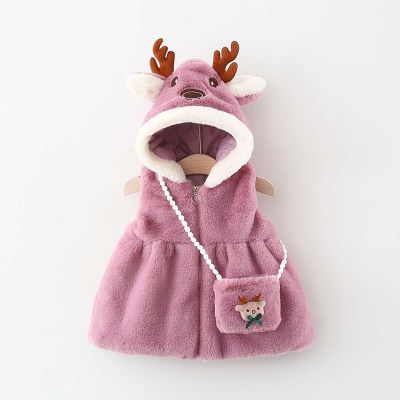2-piece Toddler Girl Solid Color Deer Style Hooded Sleeveless Skirted Fleece Vest & Matching Crossbody Shoulder Bag