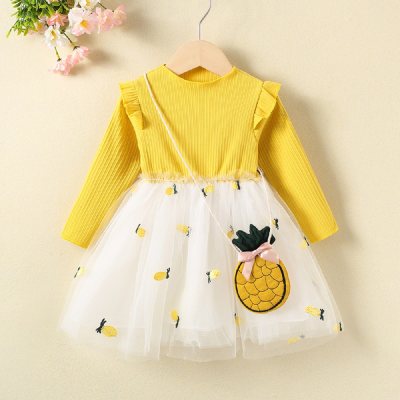 Vestido de malla con estampado de frutas de color sólido para niños pequeños con bandolera en forma de piña