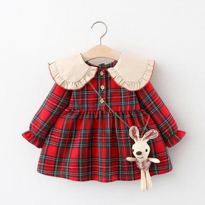 Vestido de manga acampanada con solapa y diseño de conejo a cuadros en 3D para niños pequeños