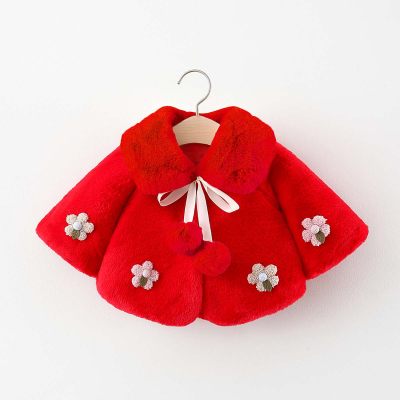 Toddler Girl Solid Color Lapel 3D Flower Decor Bowknot Tied Batwing Sleeve Plush Coat
