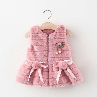 Toddler Girl Solid Color Sleeveless Bowknot Decor Zip-up Thick Plush Skirted Vest