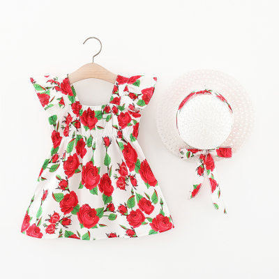 Toddler Floral Suspender Skirt With Hat