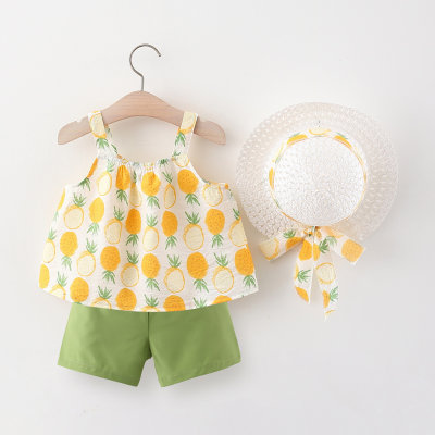 Toddler Pineapple Printed Suspender Blouse & Shorts & Hat