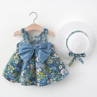 فستان بناتي قطن خالص نمط زهور بفيونكة   & قبعة  أزرق