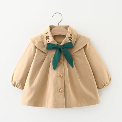 Toddler Girl 100% Cotton Solid Color Floral Embroidered Lapel Bowknot Decor Button Front Trench Coat