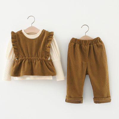 3-piece Toddler Girl 100% Cotton Solid Color Ribbed Gigot Sleeve Top & Corduroy Solid Color Ruffled Sleeveless Vest & Matching Straight Pants