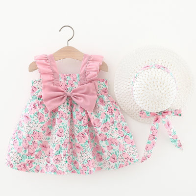 Vestido sin mangas con decoración de lazo floral con volantes de algodón puro para niña pequeña de 2 piezas