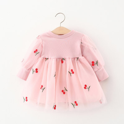 Falda de princesa con manga farol de color sólido con estampado de cerezas para niños pequeños