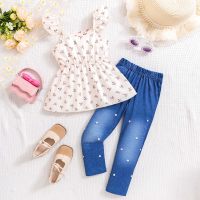 Girls Casual Ladies Woven Floral Printed Pleated Top and Faux Denim Printed Pants Set Spring Summer  Apricot