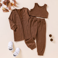 3-piece Toddler Girl Solid Color Textured Sleeveless Vest & Long Sleeve Coat & Pencil Pants  Brown