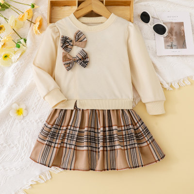 Toddler Girl Plaid Patchwork Bowknot Decor Long Sleeve Dress