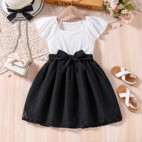 New style girls holiday style hollow pattern ruffle stitching twill dress spring and summer  Black