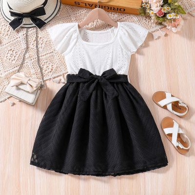 New style girls holiday style hollow pattern ruffle stitching twill dress spring and summer