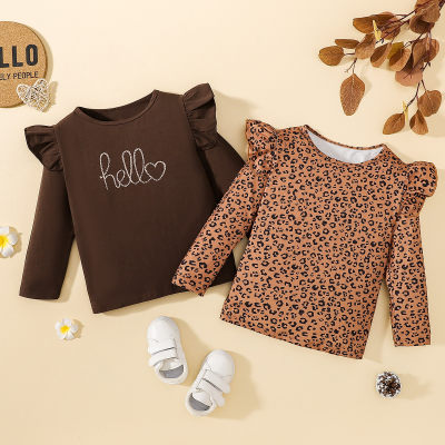 2-piece Toddler Girl Solid Color Letter Printed Long Fly Sleeve T-shirt & Leopard Print Long Fly Sleeve T-shirt