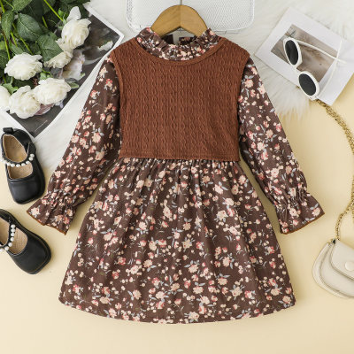 2-piece Toddler Girl Allover Floral Ruffled Neck Long Sleeve Dress & Solid Color Textured Vest