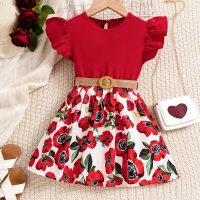 Kleid für Mädchen mit fliegenden Ärmeln, Spleißen, bedruckten schwebenden Ärmeln und Kordelzug  rot