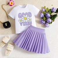 New summer girls suit cartoon college style children's student short-sleeved pullover two-piece suit  Purple