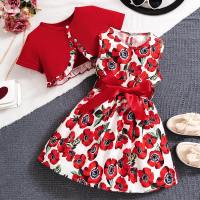 Girls Print Bow Belted Waist Casual Dress & Ruffle Jacket Top  Red